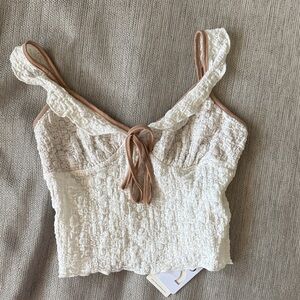 Commense Cream Cropped Lace Tank with Tan Trim